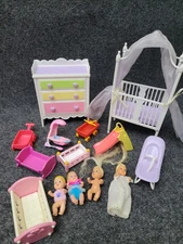 Dollhouse Baby Nursery Furniture Lot Cribs Dresser Tub Slide 4 Mini Dolls