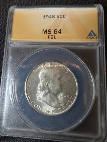 1948 Franklin Half Dollar MS64 FBL ANACS - First Year Issue - Full Bell Lines