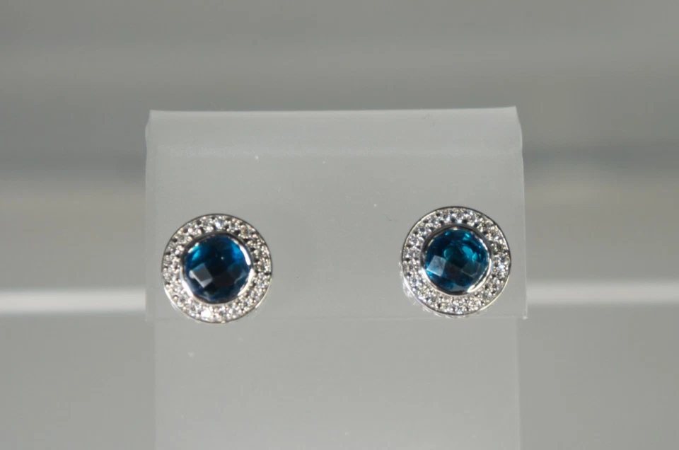David Yurman 925 Silver 585 Gold BLUE Topaz Diamond Halo Petite CERISE Earrings - Image 2 of 4