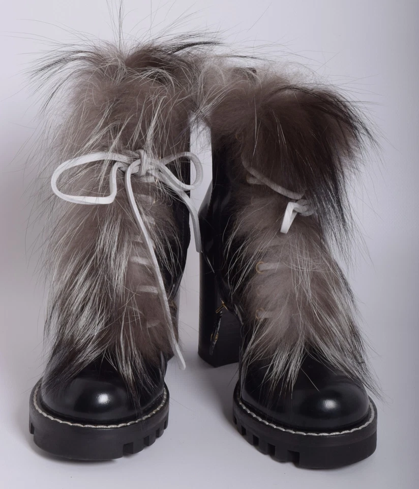Louis Vuitton Women Black Ankle Boots Leather Fur Lace Up Heel Booties Sz EUR 37 - Image 2 of 4