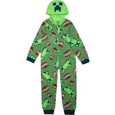Minecraft Creeper Costume Boys Size L 12-14 Union Suit TNT Green Zip Hood