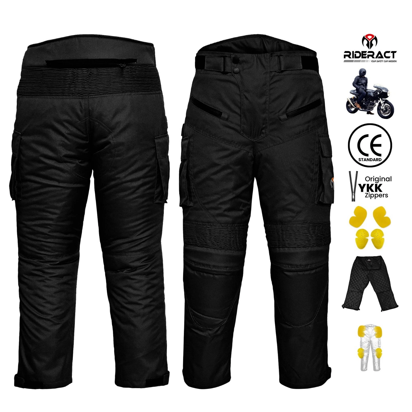 RIDERACT® Motorcycle Pant Armored Cordura Motorbike Riding Trouser Black