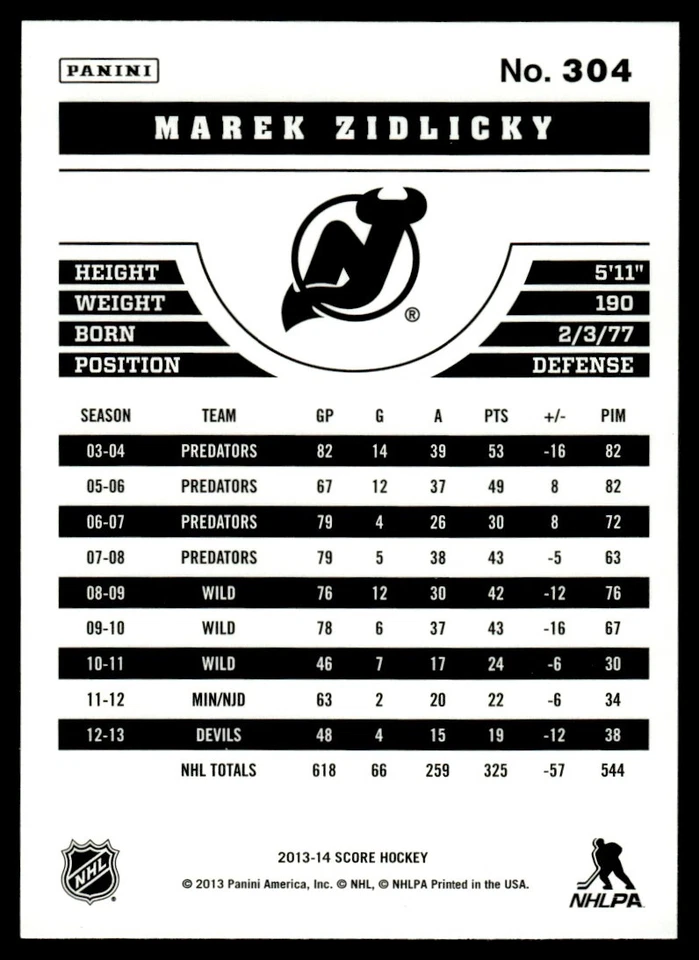 2013-14 Score Gold Marek Zidlicky New Jersey Devils #304 - Image 2 of 2