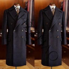 100 Cashmere Navy Blue Men Overcoat Double Breasted Business Casual Long Jacket