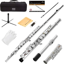 Mendini By Cecilio C Flute, 16-Key Closed Hole w/ Case, Gloves - Silver Nickel