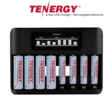 Tenergy TN480U 8-Bay NiMH LCD Charger + 4x AA and 4x AAA Rechargeable Batteries