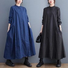Womens Oversize Fashion Stand Collar Long Sleeves Patchwork Denim Shirt Dress