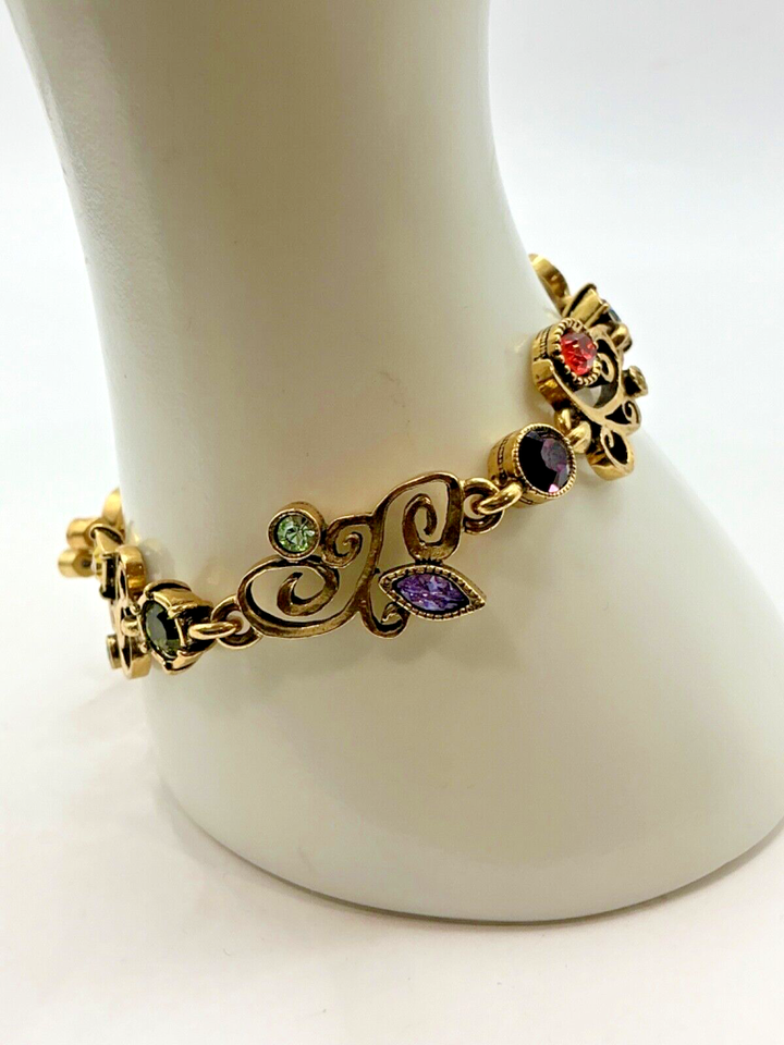 Patricia Locke Bronze Tone and Assorted Crystals on Flowers Engraved