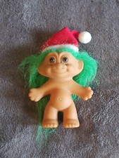 VINTAGE 3" RUSS CHRISTMAS TROLL DOLL GREEN HAIR BROWN EYES SANTA ELF HAT
