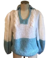 Chunky Knit Fuzzy Sweater Puff Sleeves Handmade White Blue Women’s Sz  XL