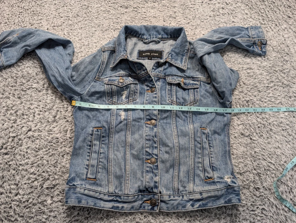 Черная заклепка куртка женщин маленький синий джинсовой ткани состаренный молотый водитель грузовика Bikercore - Изображение 4 из 4