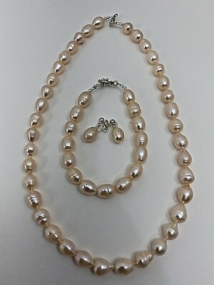 Sterling Silver .925 Cream Freshwater Pearl 18'' Necklace Bracelet Earring Set 
