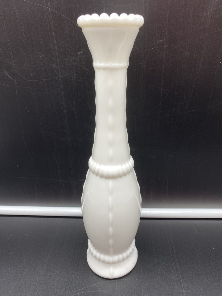 2 Vintage Milk Glass Vases 7.5" E O Brody Diamond 10.5" Unmarked Bead