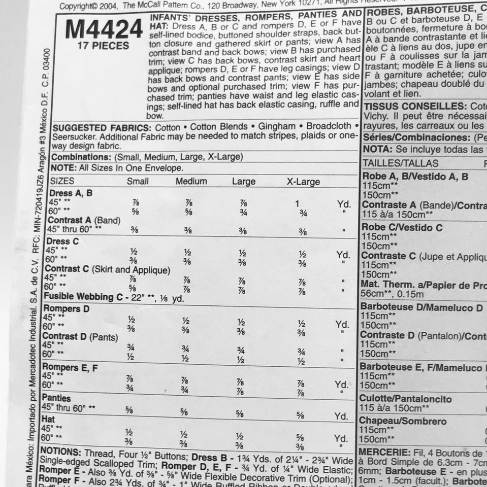 McCalls 4424 Dresses Rompers Panties Bloomers Hat Babies S XL Sewing Pattern - Image 4 of 4