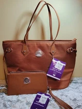 Joy Mangano Tuff Tech New Brown Leather Zippered Tote and Leather Wallet W/RFID 
