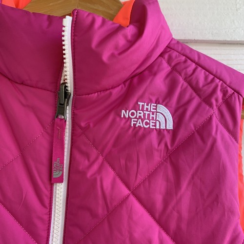 The North Face Reversible Puff Vest Pink Orange Girls Sz L 14/16 Logo Pockets - Picture 6 of 12