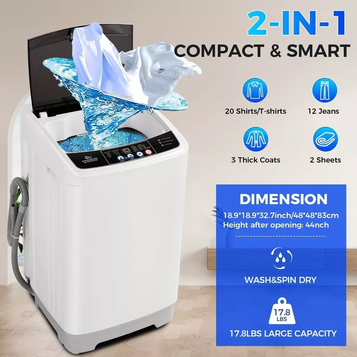 Washing Machine Portable 17.8Lbs Compact Washer & Dryer for Home with Drain  Pump