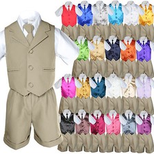 6pc Baby Boy Toddler Formal Vest Shorts Khaki Set Suit Necktie 23 Color sz S-4T