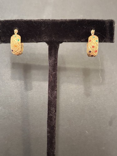 14K Yellow Gold Enamel Gem Ruby, Sapphire, and Emerald Huggie Hoop Earrings - Picture 9 of 11