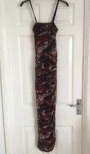 PrettyLittleThing Brown Swirl Print Strappy Mesh Ruched Midaxi Dress Size 10