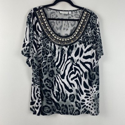 Susan Graver Liquid Knit U Neck Top Bead & Shell Trim Women Size 2X Animal Print