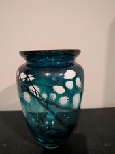 Hand Blown Studio Art Glass Vase Teal Blue Black Signed 7.5  Abstract