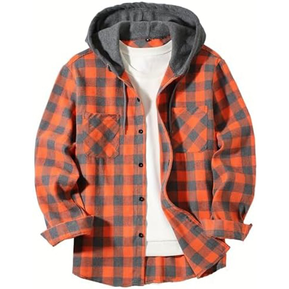 Men's Quilted Flannel Shirt Jacket - Hooded Thermal Plaid Button-Up for Outdoor