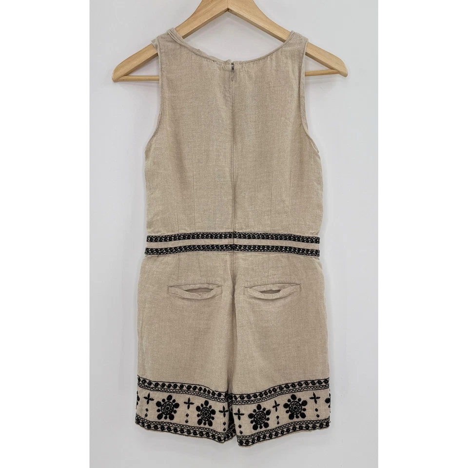 LOFT 100% Linen Beige Black Embroidered Sleeveless Romper Sz 00P - Image 2 of 4