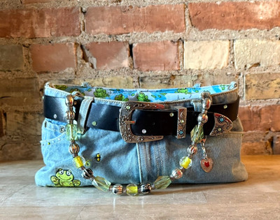 Hand Made Re-Worked 90s Belted Embroidered Jeans Purse Artsy Boho Handbag