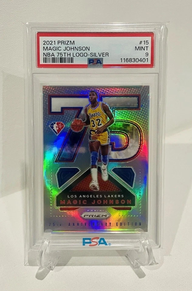 Magic Johnson 2021-22 Prizm NBA 75th Anniversary Logo Silver Prizm #15 PSA 9 - Image 2 of 3