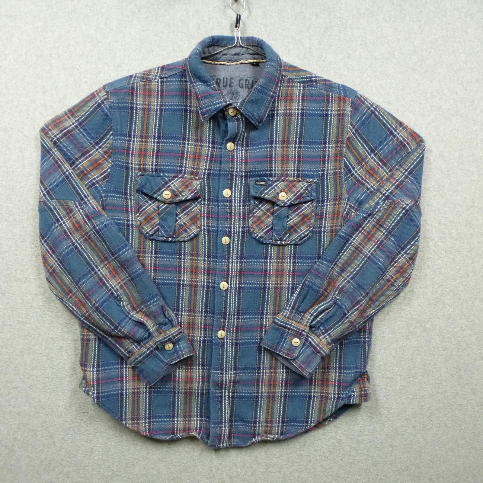 True Grit Shirt Mens Medium Blue Plaid Flannel Lined Button Front Cotton