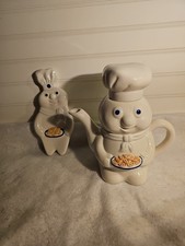Pillsbury Doughboy Teapot Holding Cookies + Spoon Rest Ceramic Has Crazing Read