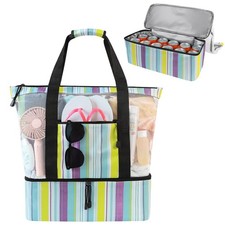 Mesh Beach Bag with Cooler Compartment for Women Pool Tote with Blue Stripes