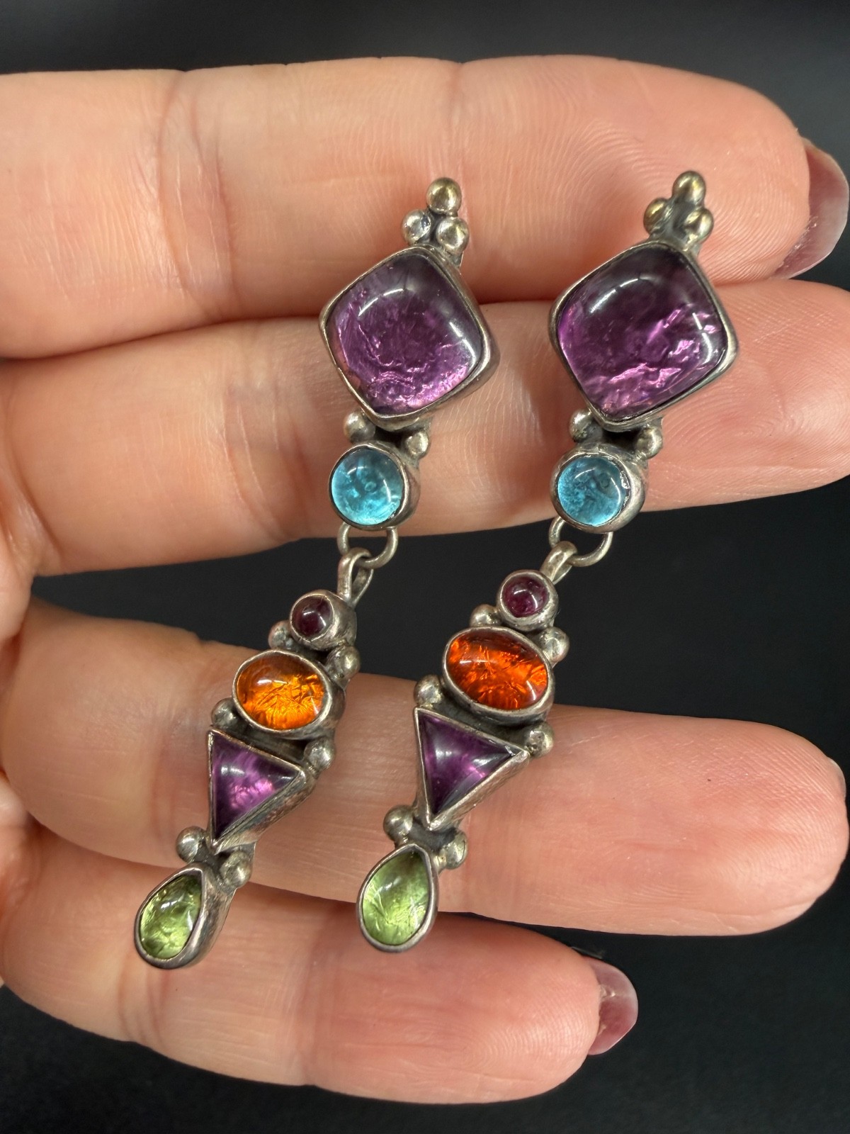 Sterling Silver Multi Gemstone Dangle Earrings Mo… - image 4