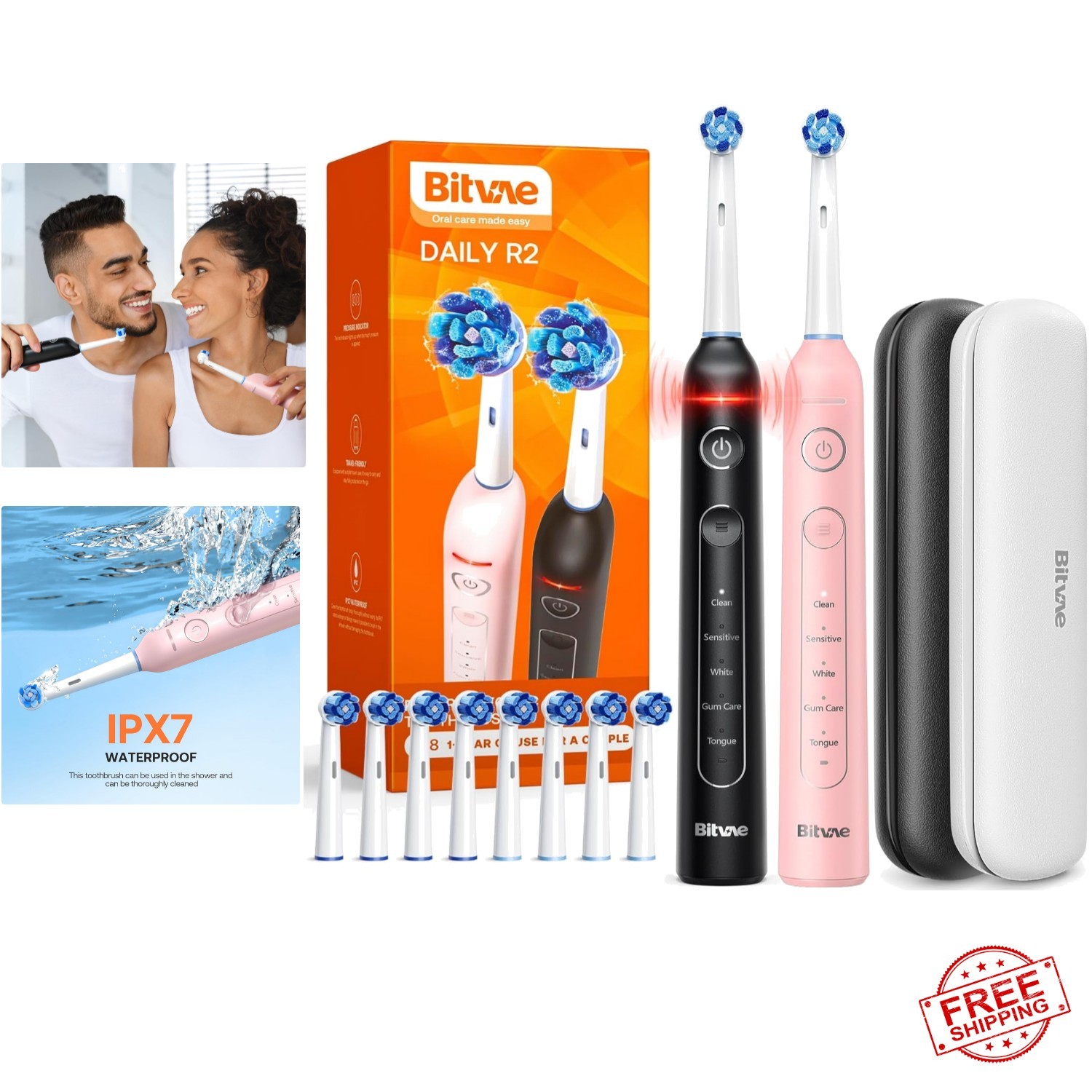 Rotating Electric Toothbrush 2 Packs for Adults with Pressur