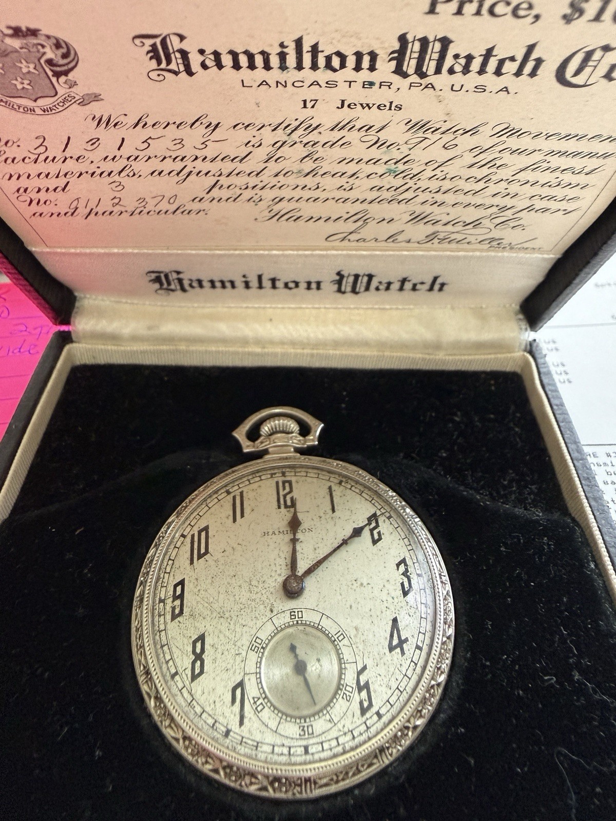 Hamilton Pocket Watch 14k Solid White Gold Original Box Certificate Working 1900