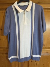 TU Sainsburys Mens XL Blue White Retro Stripe Zip Polo Shirt Knit Short Sleeve