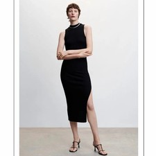 NWOT Mango Ribbed Knit Midi Dress Black Sleeveless Mock Neck Side Slit Bodycon M