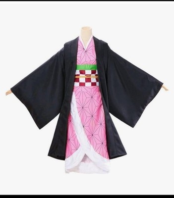 Anime Kimono Costume Set Pink Geometric Pattern Black Haori Red Belt