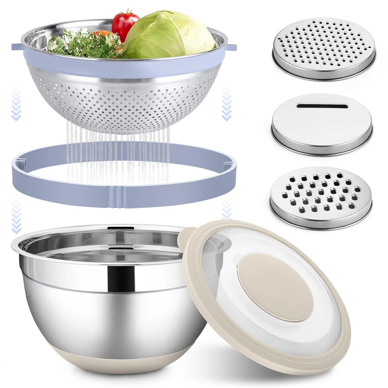 Mixing Bowl with Colander, 4-1 Stainless Steel Bowl Set with Lids & 3 Pcs Nes...