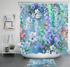 Rustic Farmhouse Wildflower Blue Floral Shower Curtain Set for Bathroom Decor