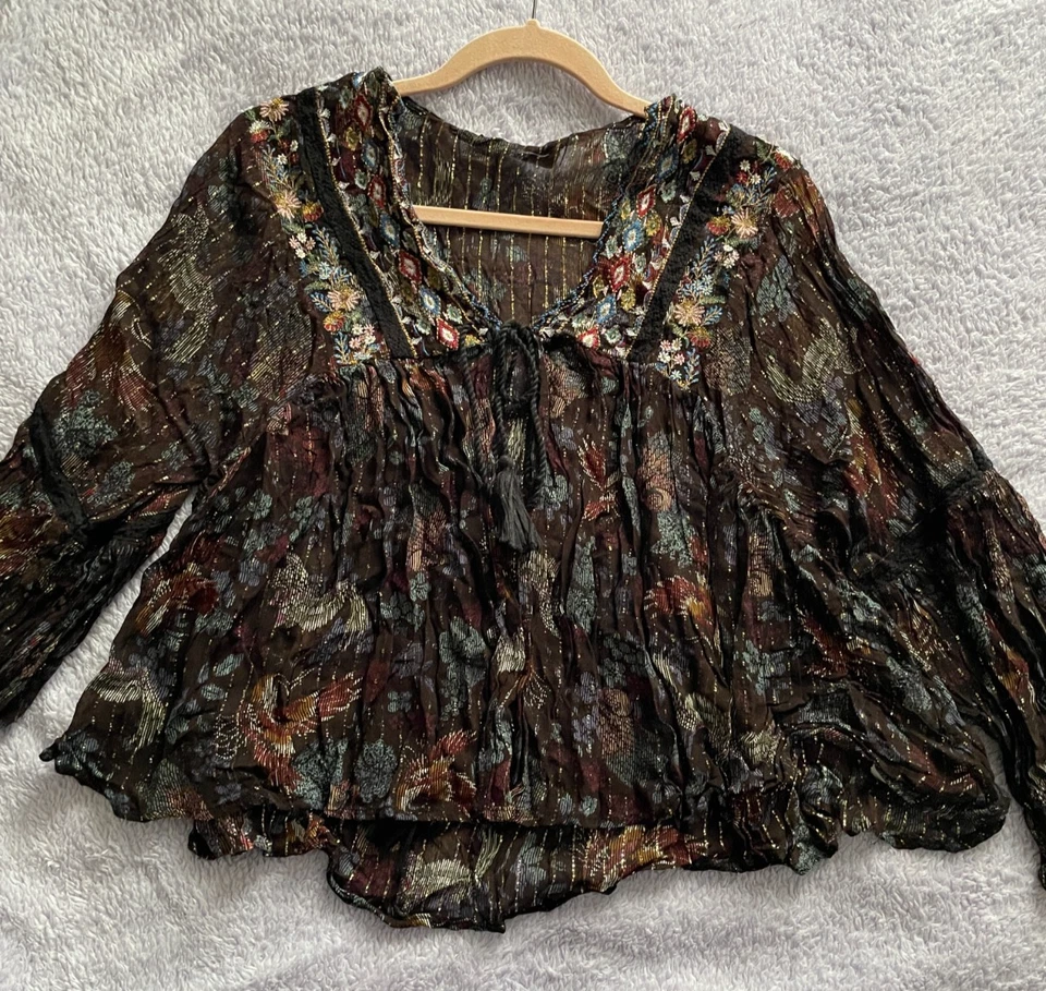 Zara Boho overshirt top size M 10 metallic thread embroidered mocha brown floral - Image 2 of 4