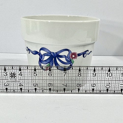 VTG FTD Flower Pot Planter Blue Bow Pink Flowers White Cottagecore Grandmacore - Picture 4 of 5