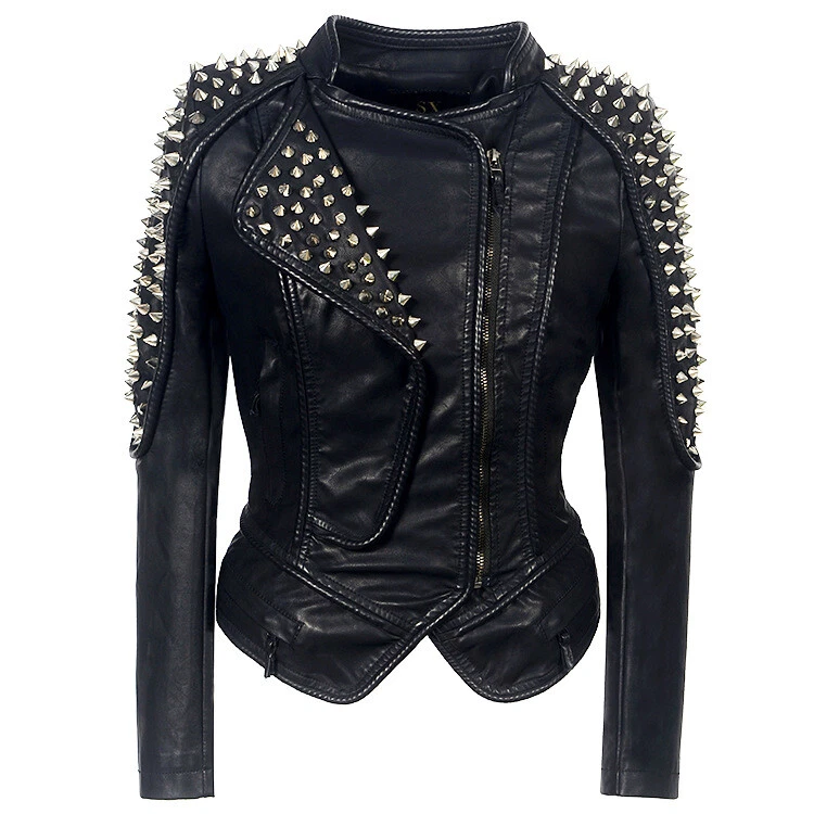 Women Gothic Black Punk Rivet DJ Leather Biker Jacket Short Slim Fit Zip Outwear