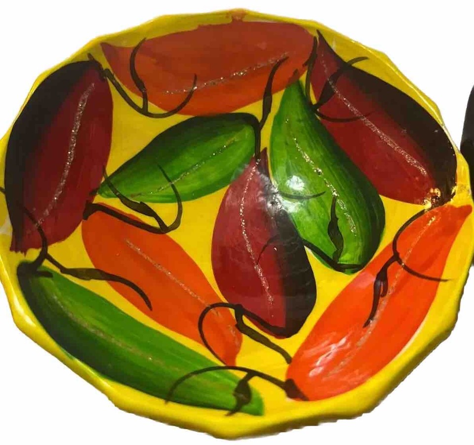 2 handmade Art Pottery Salsa Trinket Hand Painted Bowls Colorful Mexico ...