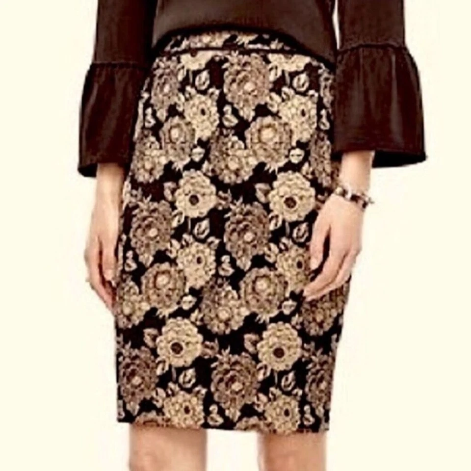 Ann Taylor Women's Floral Silk & Wool Pencil Skirt Black Knee Length Size 6