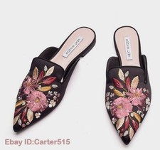 Embroidered Mules Shoes Pointy Toe Slippers Loafers Satins Flat Heels Ladies Hot