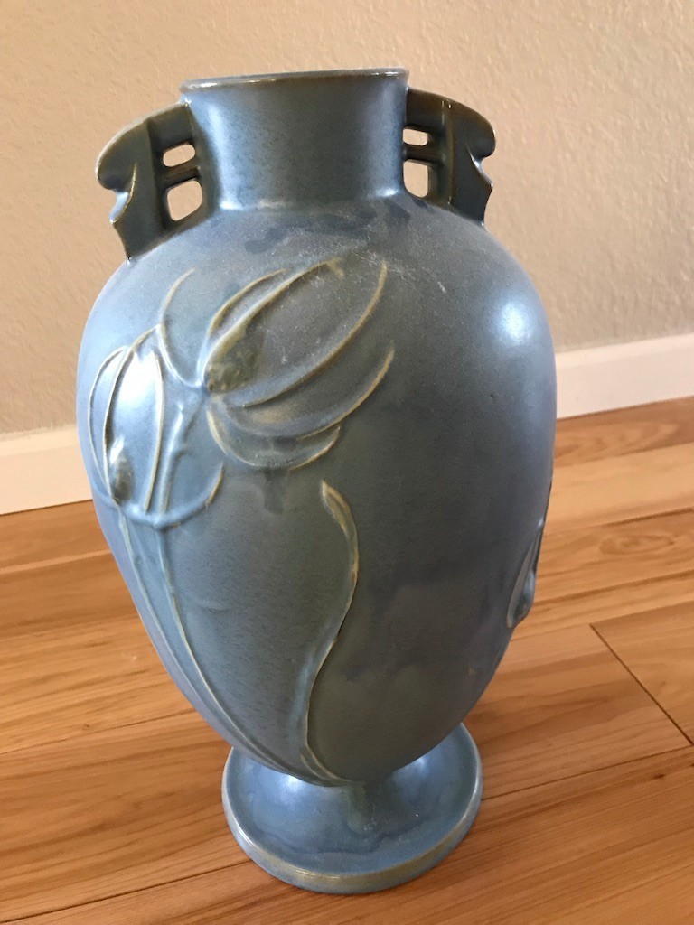 Beautiful Large Roseville Blue Teasel Vase 88915 eBay