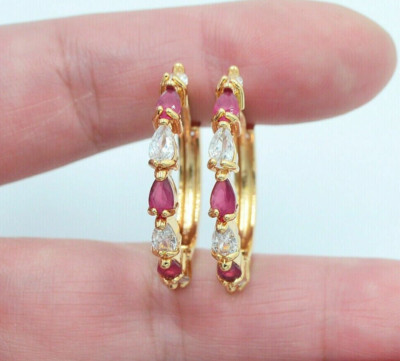 2.21ct Pear Cut Simulated Ruby Floral Drop Hoop Earring 14K White Gold Plated