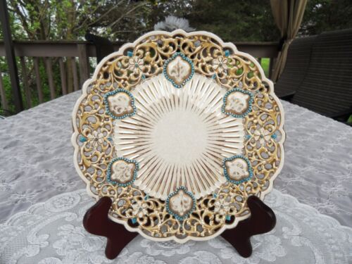 ZSOLNAY RETICULATED/PIERCED GOLD/BLUE/BEIGE ANTIQUE PLATE # 2241